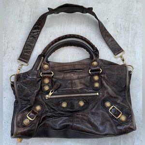 Balenciaga City Bag Dark Brown Large Gold Studs